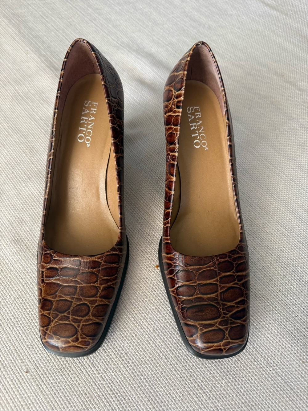 Franco Sarto Croc-Embossed Brown Leather Block Heels - Picture 3 of 11